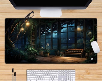 Cozy Greenhouse Desk Mat Mousepad, Lofi Desk Mat Aesthetic, Anime Deskmat, Japanese Green Mouse Pad, Green, Plant Desk Pad, Cute, Kawaii