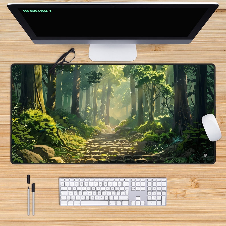 May include: A green and brown forest scene with a stone path leading into the woods. The path is surrounded by tall trees and lush greenery. The sun shines through the trees, creating a warm and inviting atmosphere. This image is perfect for a mousepad.