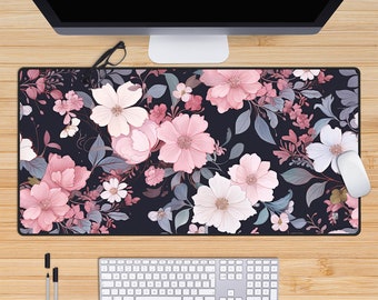 Roze bloemen bureaumat, bureaumat cottagecore vintage patroon, Japanse bureaumat esthetiek, bloem muismat, kawaii bureaumat, XL mousepad, schattig