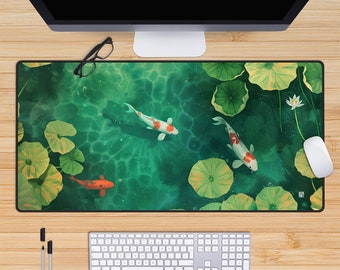 Japanese Koi Fish Desk Mat, Tranquil Green Mousepad, Kawaii Anime Deskmat, Cottagecore Mouse Pad, Lofi Nature, Lotus Plant Leaves, Large