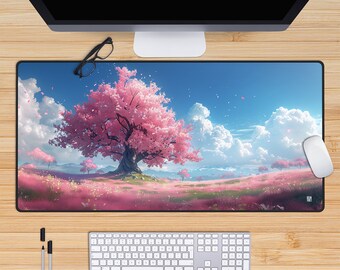 Japanese Cherry Blossom Tree Desk Mat, Green Deskmat, Kawaii Deskmat, Cottagecore, Anime Mousepad, Lofi, Nature, Cute Deskpad, Large, Gaming
