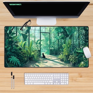 May include: A green and brown mousepad with a black cat sitting in a sunlit greenhouse filled with lush plants.
