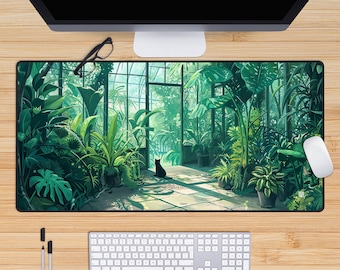 Greenhouse Cat Desk Mat, Botanical Green Desk Mat, Kawaii Deskmat, Cottagecore Anime Mouse Pad, Lofi, Nature, Cute Deskpad, Large, Gaming