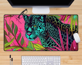 Neon Pink and Blue Pop Art Jaguar Desk Mat, Desk Decor Aesthetic, Cute Deskmat, Large Mouse Pad, XL Mousepad, Giant Gaming Mat, Big Cat Art