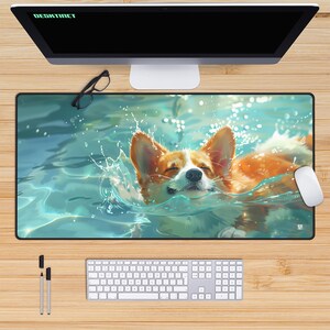 May include: A brown and white corgi dog swims in a blue pool of water with splashes of water around it. The dog is smiling and has its eyes closed.