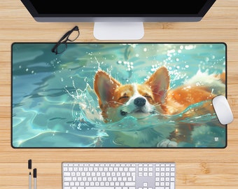 Swimming Corgi Desk Mat, Kawaii Mouse Pad, Anime Deskmat, Desk Decor Aesthetic, Cottagecore, Lofi, XL Mousepad, Green, Cute, Japanese