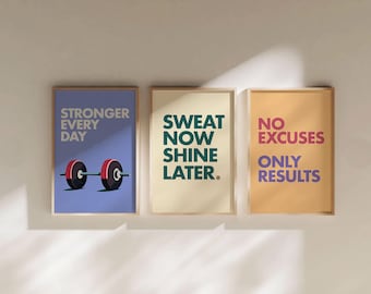 Home Gym Wall Decor | Set of THREE Fitness Posters | Retro Motivational Workout Quotes | INSTANT DOWNLOAD Prints