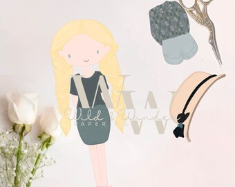 May include: A digital illustration of a girl with blonde braids wearing a black t-shirt and a gray skirt. She is wearing white sneakers. The illustration includes a floral patterned fabric, a pair of scissors, and a straw hat with a black ribbon.