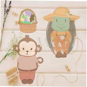 May include: A brown monkey wearing a pink and white patterned shirt and brown pants, a turtle wearing a straw hat and overalls, and a basket filled with colorful Easter eggs and candy.