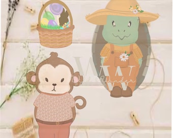 May include: A brown monkey wearing a pink and white patterned shirt and brown pants, a turtle wearing a straw hat and overalls, and a basket filled with colorful Easter eggs and candy.
