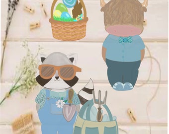 May include: A collection of whimsical illustrations featuring an Easter basket with eggs and a chocolate bunny, a Highland cow in a blue shirt and bow tie, a raccoon in overalls and sunglasses, and a gardening bag with tools. The color palette includes soft blues, browns, and greens.