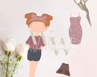 May include: Illustration of a girl wearing a maroon shirt, dark shorts, and high-top sneakers. A dress with a floral pattern, brown boots, and scissors are also depicted. The text "Wild & Wander Co." is overlaid on the image.