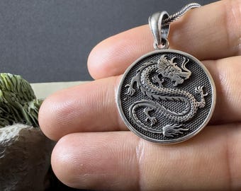 Handcrafted Sterling Silver Dragon Pendant Necklace, Fantasy Necklace, Dragon Jewelry, Gold Dragon Pendant, Goth Necklace, Medieval Jewelry