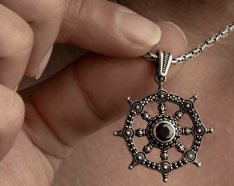 Sterling Silver Dharma Wheel Necklace, Black Dharma Chakra Pendant, Spiritual Jewelry, Silver Dharma Wheel Jewelry, Buddhist Symbol Charm