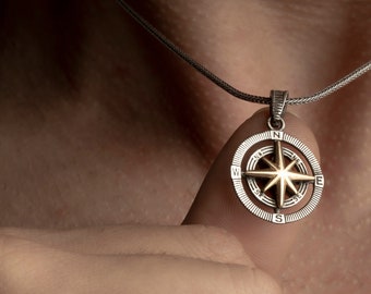 Sterling Silver Men Compass Necklace, Unisex Necklace, Navigation Pendant, Men Necklace, Kids Compass Necklace, Gift For Dad