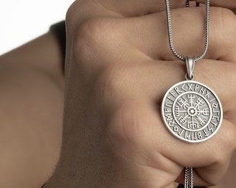 Handmade Silver Viking Necklace, Norse Mythology Jewelry, Vegvisir Necklace Viking Compass Norse Runes Pendant, Pewter Viking Compass