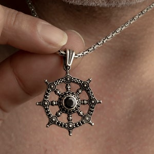 Dharma Wheel Necklace in Sterling Silver, Black Dharma Chakra Pendant, Spiritual Jewelry, Silver Dharma Wheel Jewelry, Buddhist Symbol Charm