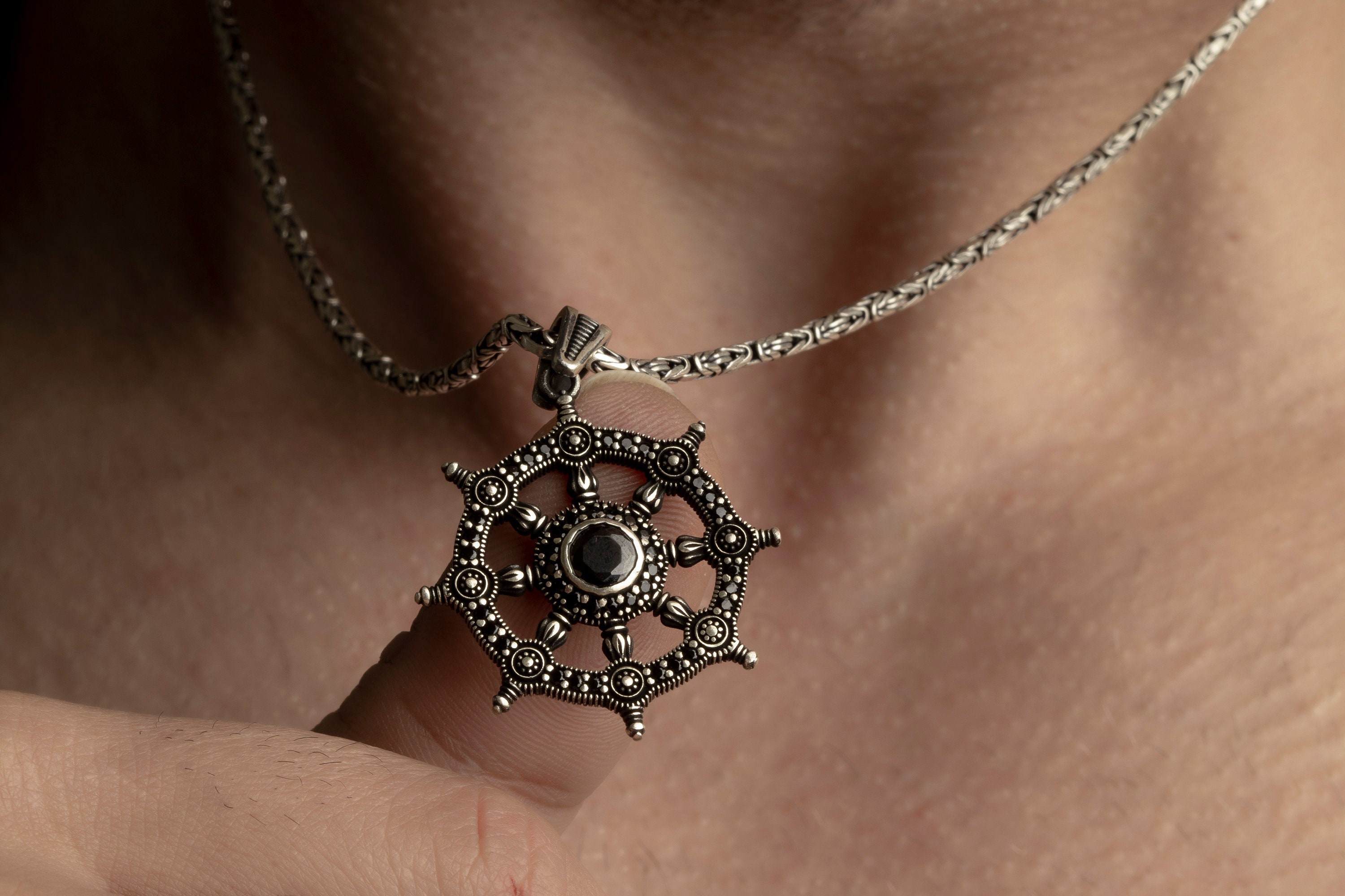 Dharma Wheel Necklace in Sterling Silver, Black Dharma Chakra Pendant, Spiritual Jewelry, Silver Dharma Wheel Jewelry, Buddhist Symbol Charm