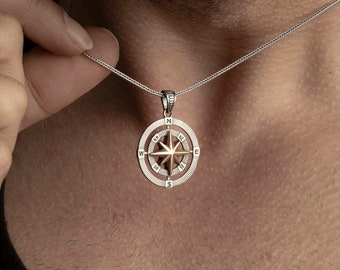 Sterling Silver Men Compass Necklace, Unisex Necklace, Navigation Pendant, Men Necklace, Kids Compass Necklace, Gift For Dad