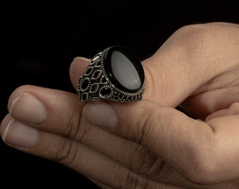 Anello da uomo in argento sterling 925 con onice nero e pietra zircone, anello da uomo dal design artigianale, anello con pietra preziosa nera, gioielli vintage da uomo