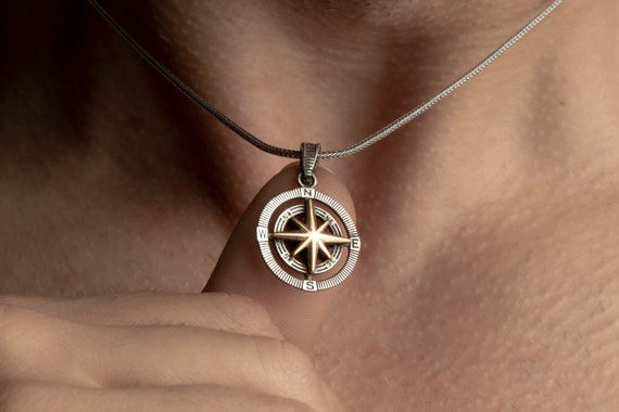 Sterling Silver Men Compass Necklace, Unisex Necklace, Navigation Pendant, Men Necklace, Kids Compass Necklace, Gift For Dad