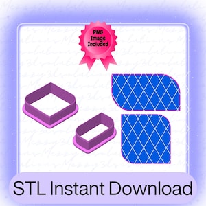 May include: A collection of purple cookie cutters in various shapes, including a diamond, a rectangle, and two blue diamond-patterned shapes. The image includes a pink ribbon with the text "PNG Image Included" and the text "STL Instant Download".