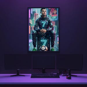 May include: A framed poster featuring a digital illustration of a soccer player wearing a dark tactical suit with the number 7 on the chest, sitting on a block with a soccer ball at their feet, surrounded by neon city lights and the text LENDÁRIO CR7.