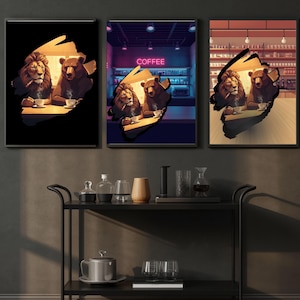 Cyberpunk Wall Art: Quirky Lion and Bear Coffee Print Set of 3