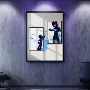 Cyberpunk Diptych Canvas Art, Cyber Cat & Neon Robot Digital Poster, Futuristic Gaming Room Decor, Set of 2 Connected Art Frames