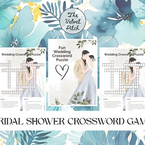 Peut inclure: Jeu de mots croisés pour une fête prénuptiale avec un fond floral à l'aquarelle. Le jeu présente un jeu de mots croisés avec une illustration de mariés. Le texte indique "Fun Wedding Crossword Puzzle" et "Bridal Shower Crossword Game."