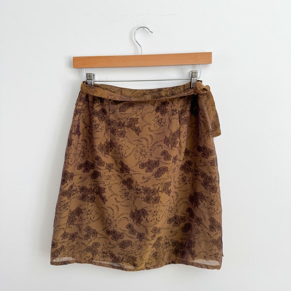 Brown Floral Mini Wrap Skirt - Size Medium