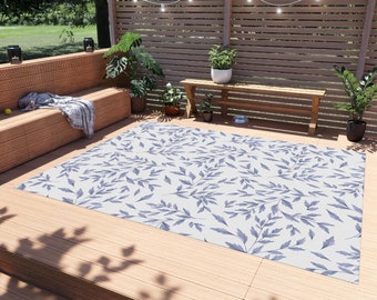 Blauer und weißer, botanischer, floraler, minimalistischer, südländischer Outdoor-Teppich, erhältlich in verschiedenen Größen, langlebige, atmungsaktive Veranda-Terrassenmatte, Fußmatte