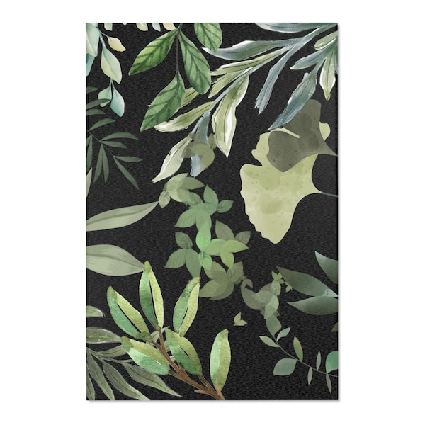 Botanical Greenery Area Rug, Available in several different sizes, Black, Different Shades of Green, Living Room Decor, Moody, Free Shipping