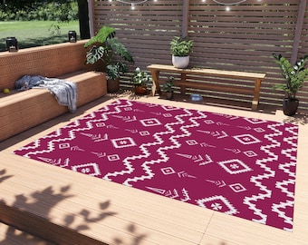 Bright Pink Fuchsia Aztec Southwestern Outdoor Area Rug, Breathable Durable Modern Minimalist Porch Deck Patio Mat Decor, Different Sizes