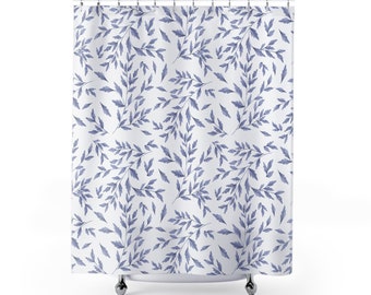 Blauer und weißer botanischer Blumen-Minimalist-Duschvorhang, Gästetoilette, Badezimmer, südländischer Shabby-Chic, modernes Vintage-Stil-Muster