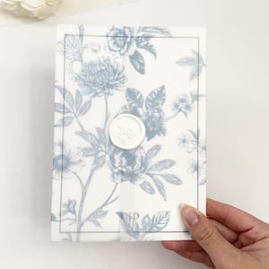 Blue Toile Vellum Jacket for 5x7 Invitations, French Blue Vellum Wraps, Chinoiserie Invitation Inserts, Printed Vellum Sleeve, Toile De Jouy