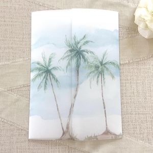 Coastal Beach Vellum Jacket for 5x7 Invites, Island Vellum Wraps, Palm Trees Invitation Inserts, Printed Vellum Sleeve, Tropical Destination