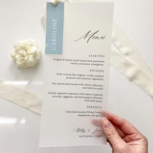 Vellum Dinner Menus with Chiffon Ribbon, Place Card Name Tags, 4x9 Wedding Menu, Printed Vellum Paper, Reception Menu, For Dinner Party Host