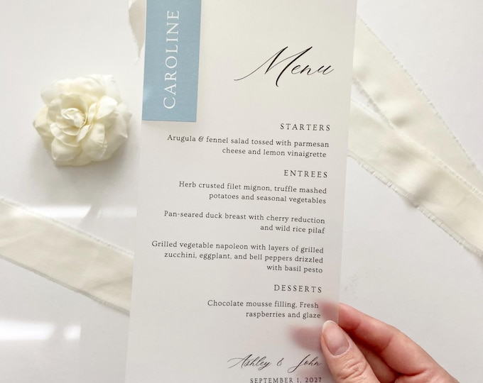 Vellum Dinner Menus With Chiffon Ribbon, Place Card Name Tags, 4x9 ...