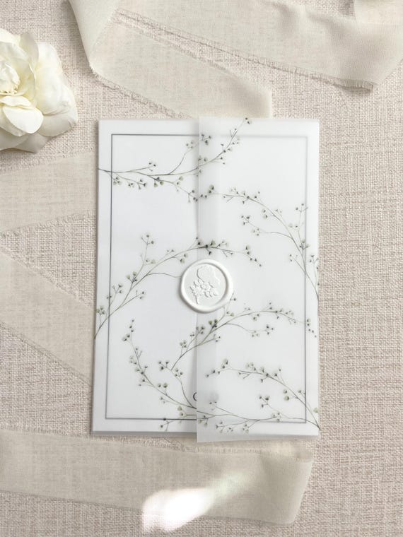 Babys Breath Vellum Jacket for 5x7 Invitations, Floral Vines Vellum Wraps, Spring Invitation Inserts, Printed Vellum Sleeve, Garden Flowers