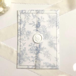 French Toile Vellum Jacket for 5x7 Invitations, Blue Vellum Wraps, Chinoiserie Invitation Inserts, Printed Vellum Sleeve, Toile De Jouy