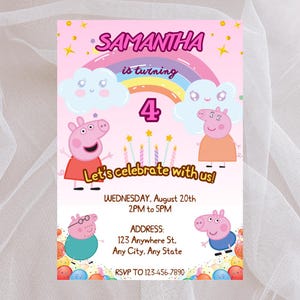 Modello modificabile per invito di compleanno di Peppa Pig, invito di compleanno per la famiglia di maiali, invito per festa a tema maiale, modello Canva