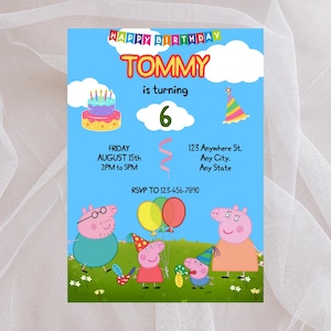 Modello di invito di compleanno modificabile per la famiglia di maiali, invito di compleanno di Peppa Pig, modello di invito per festa a tema Peppa Pig, modello Canva