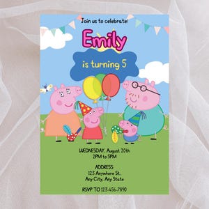 Modello di invito di compleanno modificabile per la famiglia di Peppa Pig, invito di compleanno per la famiglia di Pig, modello di invito per festa a tema maiale, modello Canva