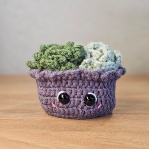 Pode incluir: Um vaso roxo de crochê com um rosto sorridente e dois olhos pretos. O vaso está cheio de suculentas de crochê verde e verde claro.