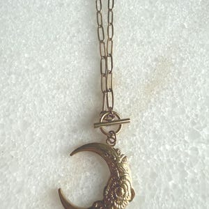 Gold Crescent Moon Necklace, Celestial Charm, Minimalist Toggle Clasp, Boho Jewelry