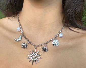 Silver Celestial Charm Necklace with Sun, Moon, Faux Pearl Accents