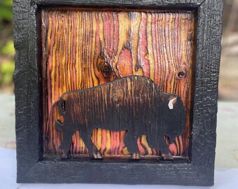 Handmade Buffalo Wood Wall Art, Textured Wildlife Artwork, Bison Wall Art