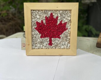 Red Rock Maple Leaf Wall Art, Granite & Wood Frame, Canadian Artwork, Minimalist Canadian Wall Art