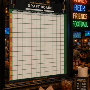 May include: A 2026 Fantasy Football Draft Board featuring a grid with twelve team columns and eighteen rounds. The board has a dark header with white text, a green border, and suction cups for mounting. It displays the text 2026 FANTASY FOOTBALL DRAFT BOARD.